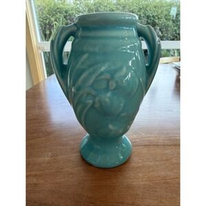 Vintage McCoy Turquoise Pottery Vase 6 Inch Double Handle Amphora Floral Relief